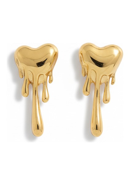 Çelik Akan Kalp Küpe Altın Rengi Damlalı Kararmaz Kadın Takı