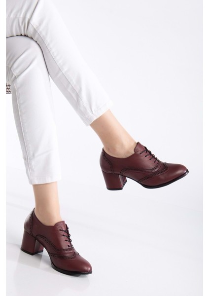 Kadın Hakiki Deri Lazer Detaylı Şık Topuklu Ayakkabı - Bordo fiyatları