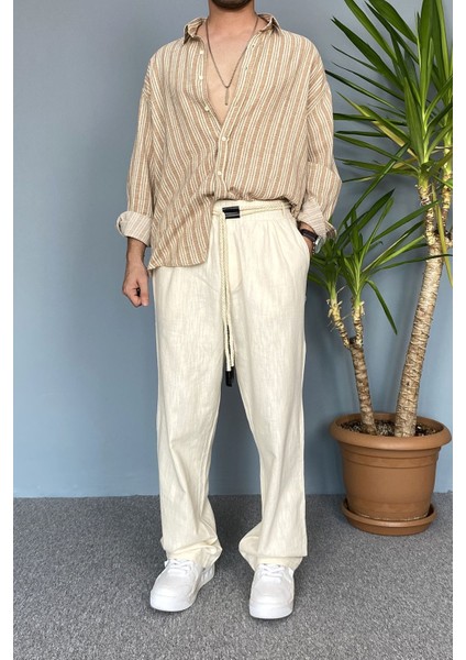 Rahat Kesim Keten Kumaş Bağcıklı Krem Renk Baggy Pantolon