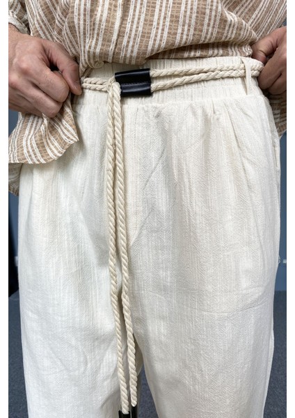 Rahat Kesim Keten Kumaş Bağcıklı Krem Renk Baggy Pantolon fiyatları