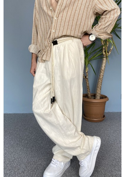 Rahat Kesim Keten Kumaş Bağcıklı Krem Renk Baggy Pantolon modelleri