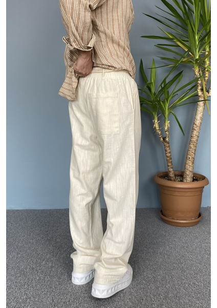 Rahat Kesim Keten Kumaş Bağcıklı Krem Renk Baggy Pantolon fırsatları