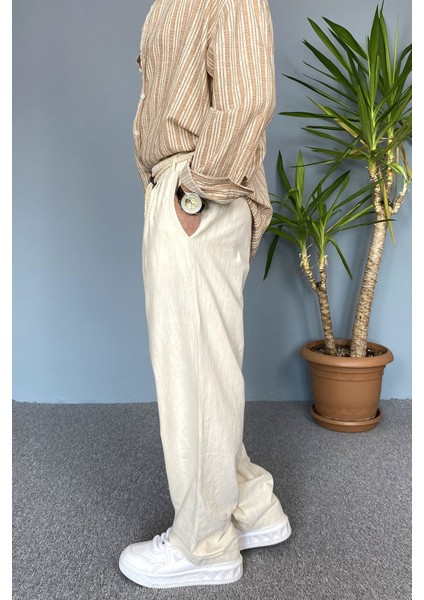 Rahat Kesim Keten Kumaş Bağcıklı Krem Renk Baggy Pantolon indirimleri