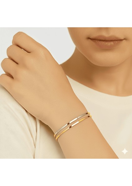 Kadın Çelik Ajda Bileklik - 2 Li Model - Gümüş Altın Renk modelleri