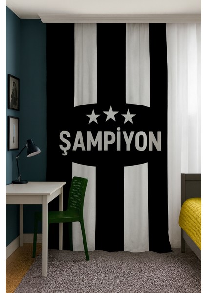 Taraftar Siyah Beyaz Çift Kanatlı Fon Perde