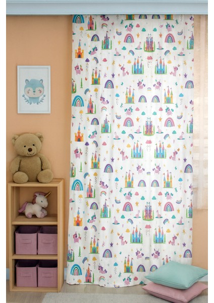 Hayal Şatosu Gökkuşağı Unicorn Çift Kanatlı Çocuk Odası Perdesi