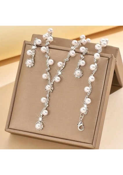 Inci Takı Seti Gümüş Zirkon Taşlı Abiye Set Inci Kolye Bileklik Küpeseti