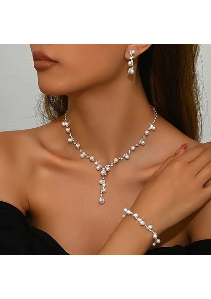 Inci Takı Seti Gümüş Zirkon Taşlı Abiye Set Inci Kolye Bileklik Küpeseti fiyatları