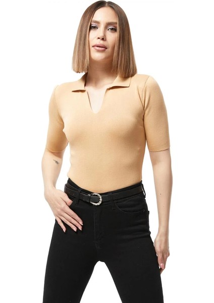 Nrtmsa Gömlek Yaka Yazlık Triko Bluz Bej (Beden: Standart)