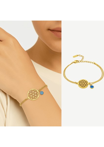 Kadın Çelik Bileklik - Snake Forsa Zincirli - Hayat Çiçeği Detaylı - Nazar Boncuklu - Altın Renk fiyatları