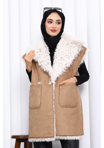 Vizon Kruvaze Yaka İçi Kürklü Süet Yelek