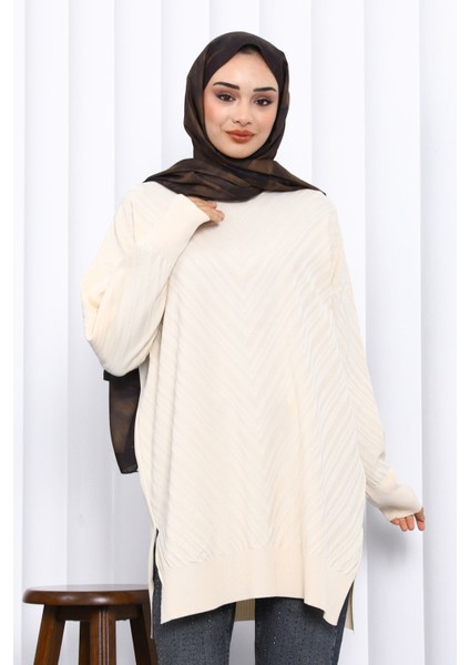 Krem Bisiklet Yaka Soğuk İplik Triko Tunik