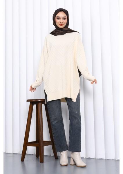 Krem Bisiklet Yaka Soğuk İplik Triko Tunik fiyatları