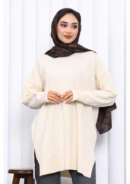 Krem Bisiklet Yaka Soğuk İplik Triko Tunik modelleri