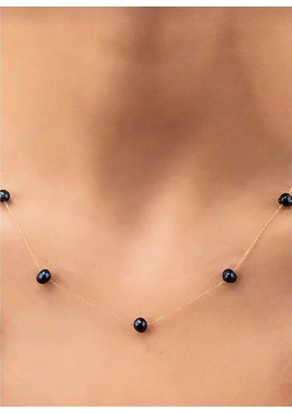 Sıyah Incı Detaylı Gold Zıncır Kolye