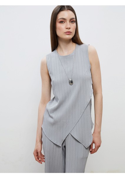 Yeni Sezon Bisiklet Yaka Dokulu Keten Karışımlı Bluz