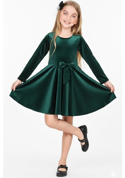 Kız Çocuk Kadife Elbise-Içi Tüllü ve Fiyonk Süslemeli 7-12 Yaş 12427