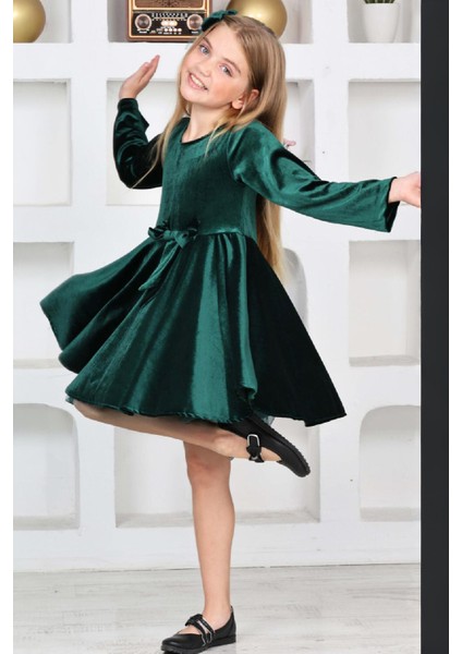 Kız Çocuk Kadife Elbise-Içi Tüllü ve Fiyonk Süslemeli 7-12 Yaş 12427 fiyatları