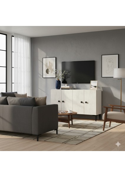 KA1205BT- Pella Konsol, Tv Sehpası, Çok Amaçlı Dolap 120CM Beyaz-Traverten fırsatları