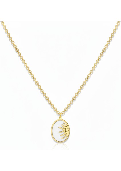 Çelik Altın Rengi Çelik Şans Kolyesi Sedefli Güneş Ay Oval Uçlu Kararmaz Boncuk Zincir Takı