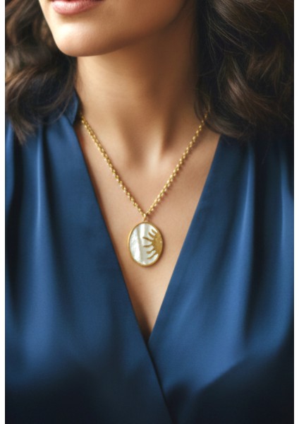 Çelik Altın Rengi Çelik Şans Kolyesi Sedefli Güneş Ay Oval Uçlu Kararmaz Boncuk Zincir Takı fiyatları