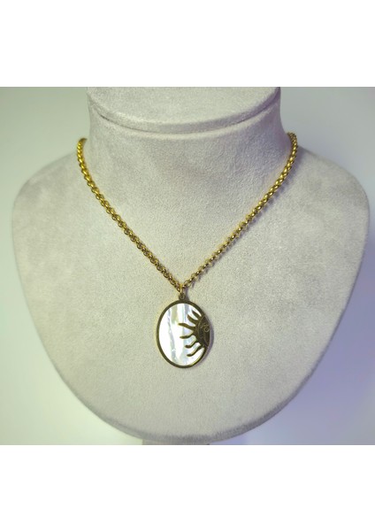 Çelik Altın Rengi Çelik Şans Kolyesi Sedefli Güneş Ay Oval Uçlu Kararmaz Boncuk Zincir Takı modelleri