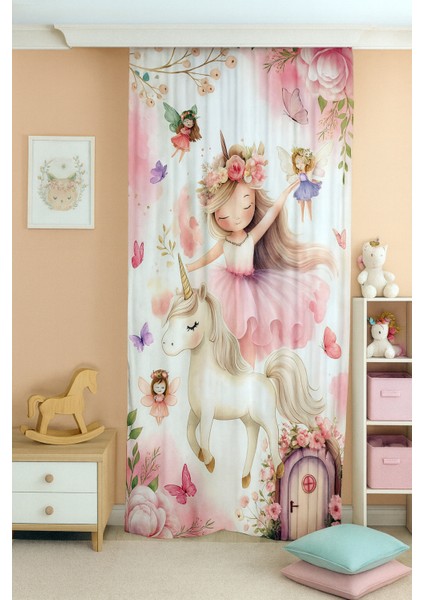 Peri Kız Unicorn Masalı Çift Kanatlı Çocuk Odası Perdesi