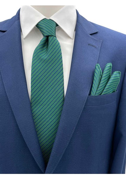 7.5 cm Yeşil Lacivert Çizgili Kravat Mendil Set