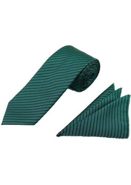 7.5 cm Yeşil Lacivert Çizgili Kravat Mendil Set fiyatları