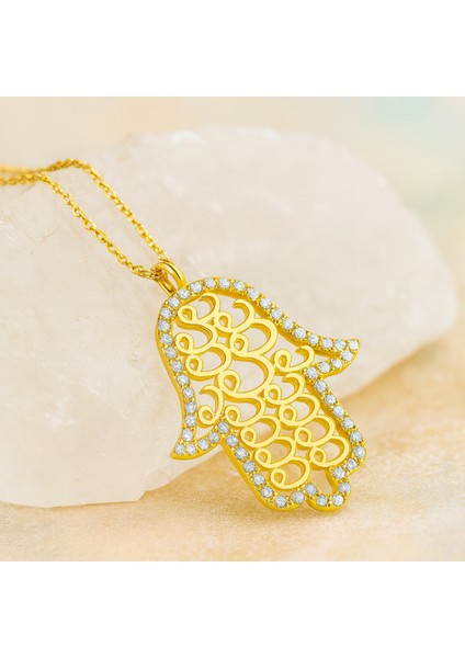 14 Ayar Altın Vav Desenli Fatma Ana Eli Kolye modelleri