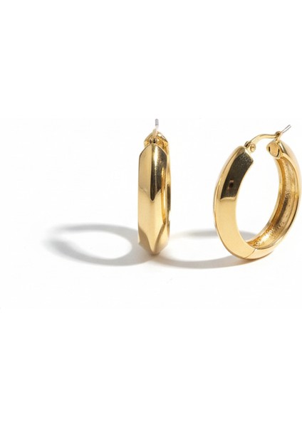 Çelik Kalın Halka Küpe Altın Rengi Şık Kararmaz Kadın Takı