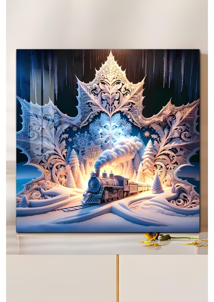 3D Görünümlü Temperli Cam Tablo – Kış Treni ve Kristal Kar Taneleri Temalı Uv Baskı 33X33 CM-CTK128