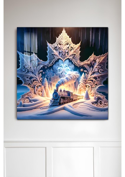 3D Görünümlü Temperli Cam Tablo – Kış Treni ve Kristal Kar Taneleri Temalı Uv Baskı 33X33 CM-CTK128 fiyatları
