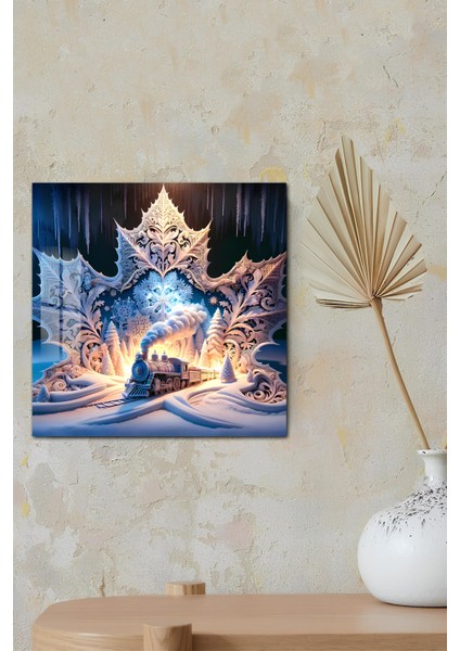 3D Görünümlü Temperli Cam Tablo – Kış Treni ve Kristal Kar Taneleri Temalı Uv Baskı 33X33 CM-CTK128 modelleri