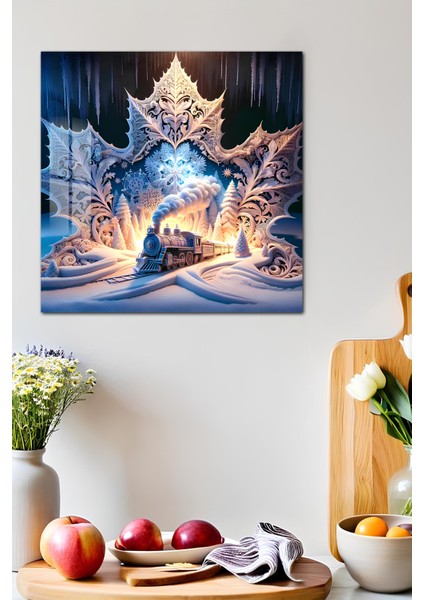 3D Görünümlü Temperli Cam Tablo – Kış Treni ve Kristal Kar Taneleri Temalı Uv Baskı 33X33 CM-CTK128 fırsatları