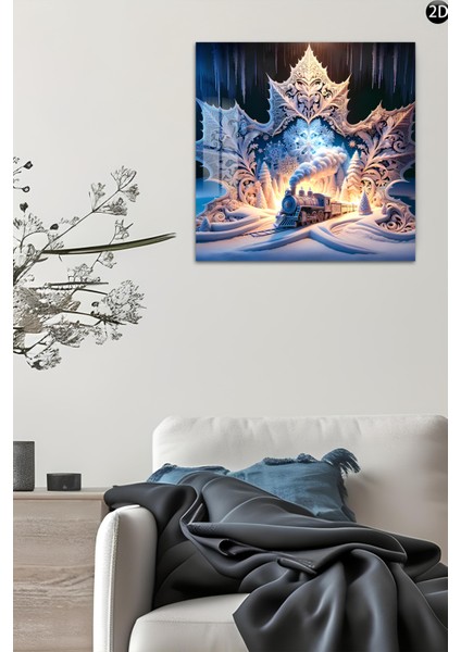 3D Görünümlü Temperli Cam Tablo – Kış Treni ve Kristal Kar Taneleri Temalı Uv Baskı 33X33 CM-CTK128 indirimleri