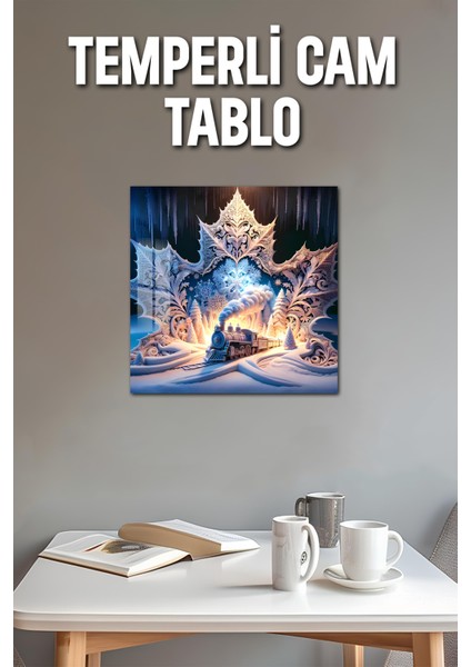 3D Görünümlü Temperli Cam Tablo – Kış Treni ve Kristal Kar Taneleri Temalı Uv Baskı 33X33 CM-CTK128