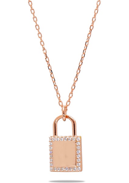 Zirkon Taşlı Kilit Tasarım Rose Renk Isme Özel Harf Yazılı 925 Ayar Gümüş Kadın Kolye