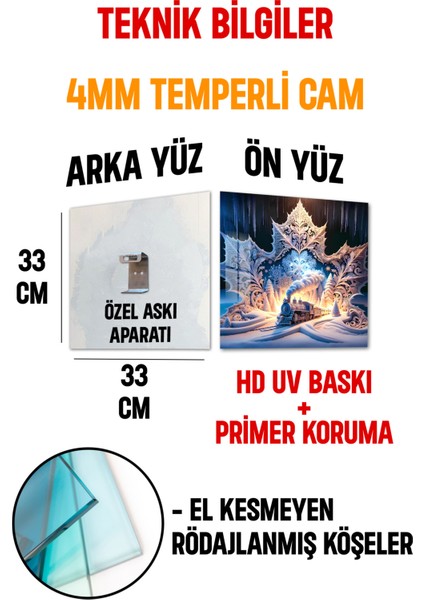 3D Görünümlü Temperli Cam Tablo – Kış Treni ve Kristal Kar Taneleri Temalı Uv Baskı 33X33 CM-CTK128