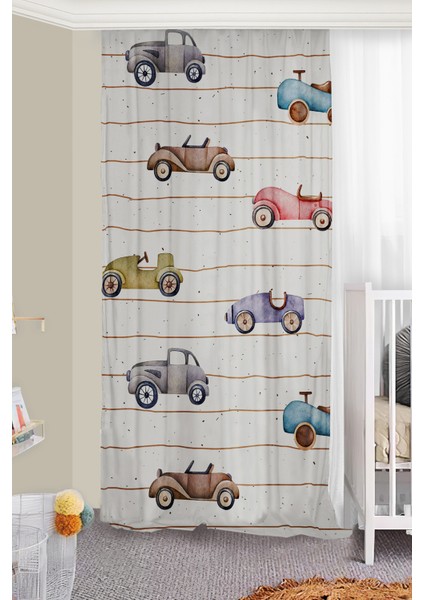 Sevimli Arabalar Çift Kanatlı Çocuk Odası Fon Perde