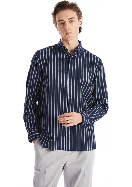 Yeni Sezon Slim Fit Uzun Kollu Çizgili Armürlü Erkek Gömlek