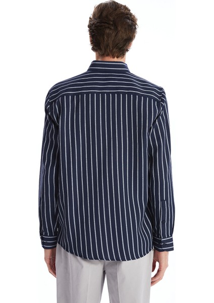 Yeni Sezon Slim Fit Uzun Kollu Çizgili Armürlü Erkek Gömlek fırsatları