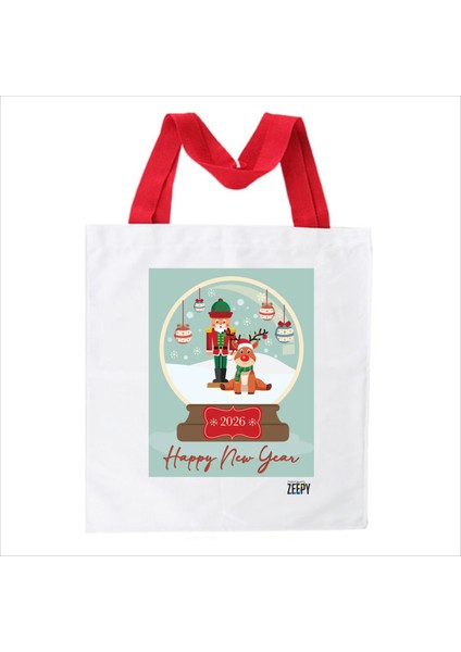 Zeepy Design Yılbaşı Konseptli Bez Omuz Çantası, Kırmızı Saplı, 2026 Temalı