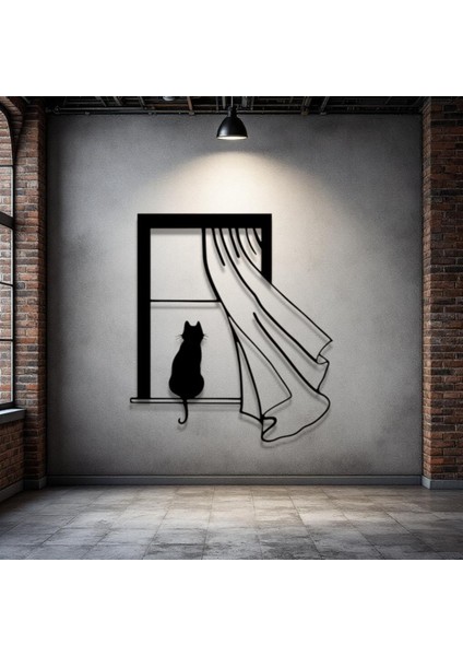 Kedi Figürlü Pencere Metal Tablo – 3D Gölgeli Modern Duvar Dekoru, Ev ve Ofis Hediyesi