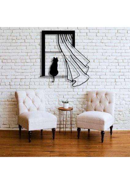 Kedi Figürlü Pencere Metal Tablo – 3D Gölgeli Modern Duvar Dekoru, Ev ve Ofis Hediyesi