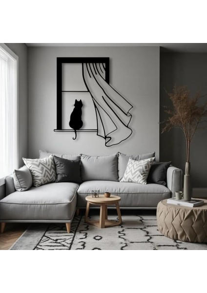 Kedi Figürlü Pencere Metal Tablo – 3D Gölgeli Modern Duvar Dekoru, Ev ve Ofis Hediyesi