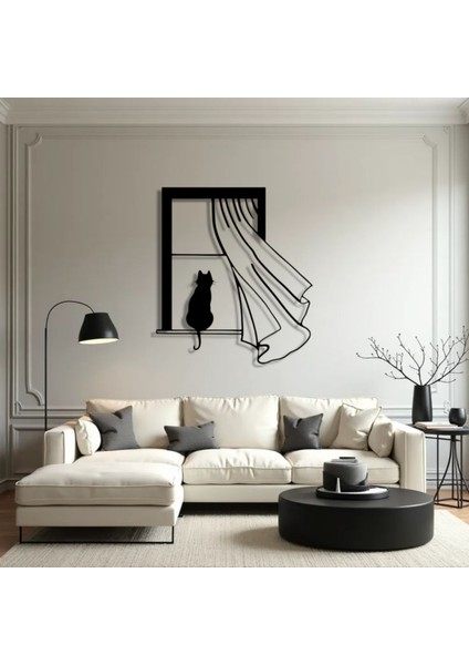 Kedi Figürlü Pencere Metal Tablo – 3D Gölgeli Modern Duvar Dekoru, Ev ve Ofis Hediyesi