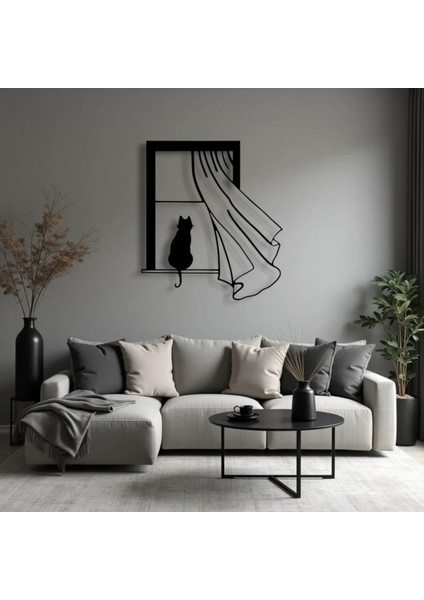 Kedi Figürlü Pencere Metal Tablo – 3D Gölgeli Modern Duvar Dekoru, Ev ve Ofis Hediyesi