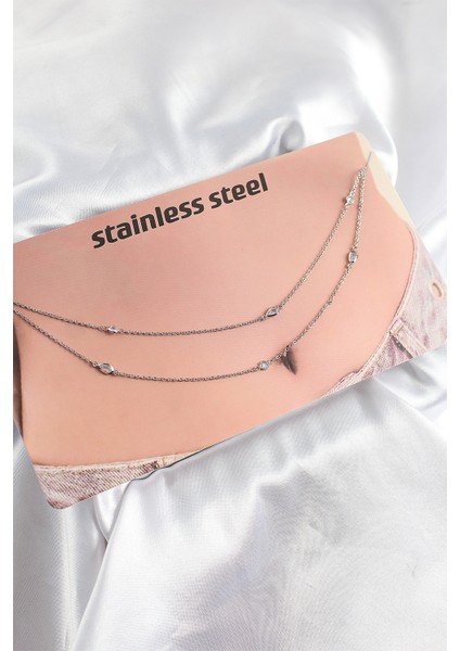 316L Çelik Zirkon Taşlı Damla Model Gümüş Renk Göbek Zinciri - TJ-BKGZ10341