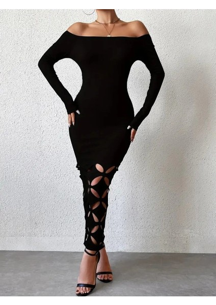 Kadın Madonna Yaka Uzun Kollu Lazer Çiçek Kesim Detaylı Uzun Ithal Krep Elbise fiyatları